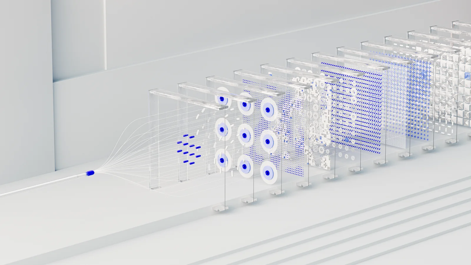 A neural-network visualization illustrating artificial intelligence processing and connected data flows