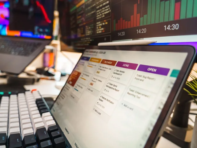 A modern task board and project dashboard across workplace screens