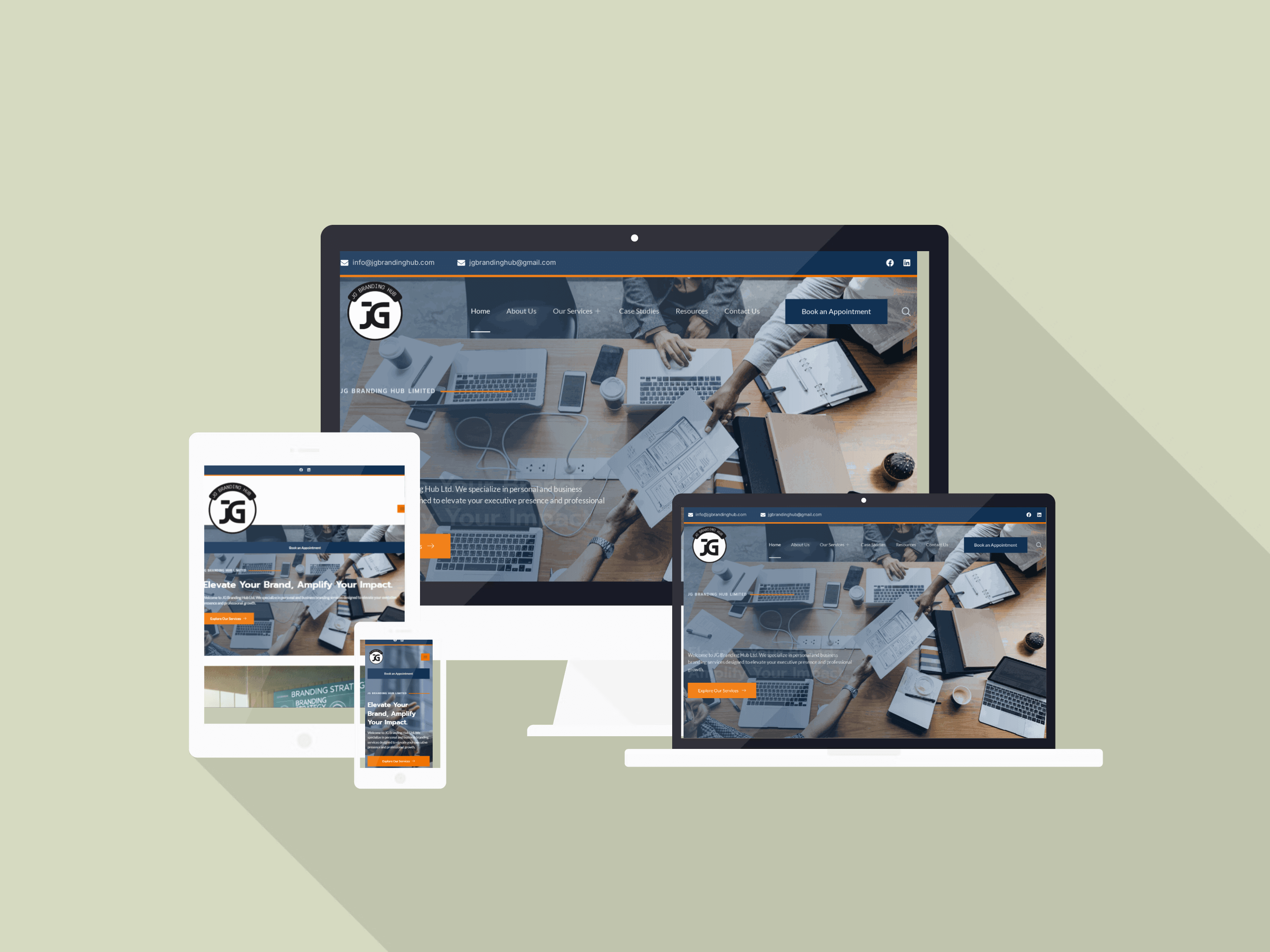 Website mockup for JG Branding Hub displayed across device screens.